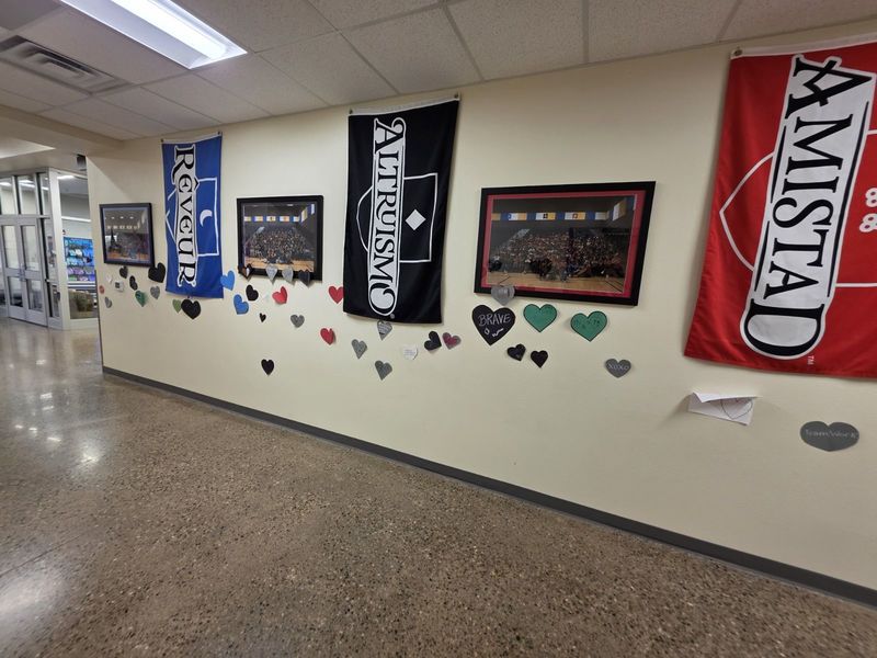 Heart decorations underneath the house flags