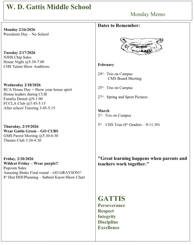 Screenshot of weekly events happening at Gattis