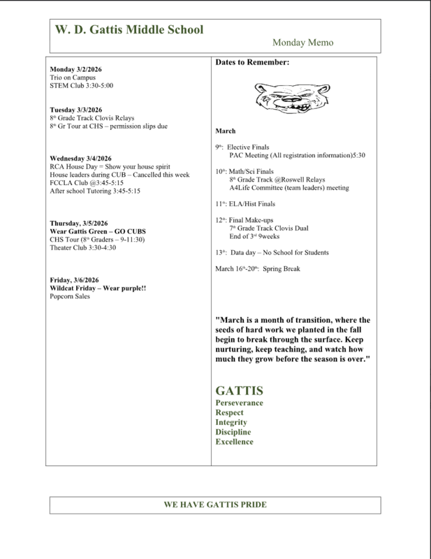 Screenshot of weekly events happening at Gattis