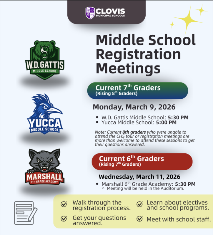 Middle school registration meetings for current 7th grader, March 9 at 5:30.