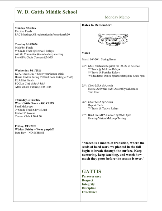 Screenshot of weekly events happening at Gattis