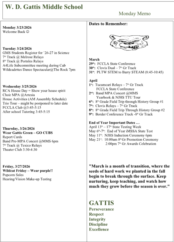 Screenshot of weekly events happening at Gattis