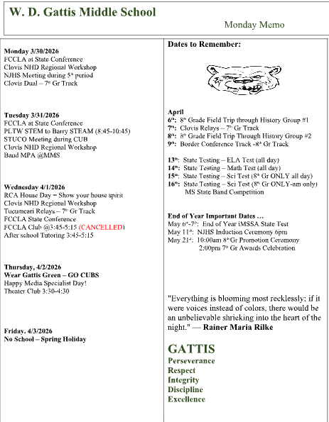 Screenshot of weekly events happening at Gattis