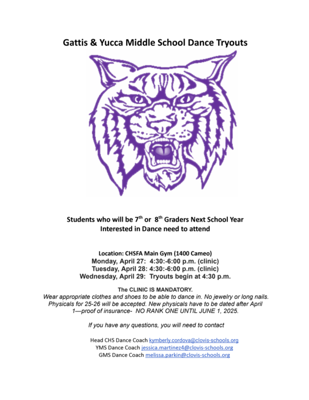 Gattis dance tryouts April 27-29 4:30-6 p.m. at the CHSFA gym