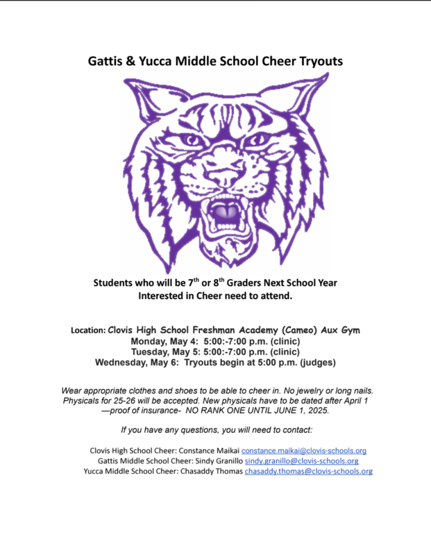 Gattis cheer tryouts May 4-6 from 5-7 p.m. at the CHSFA Aux Gym
