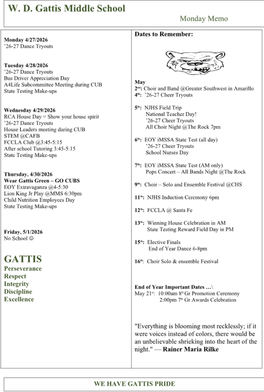 Screenshot of weekly events happening at Gattis