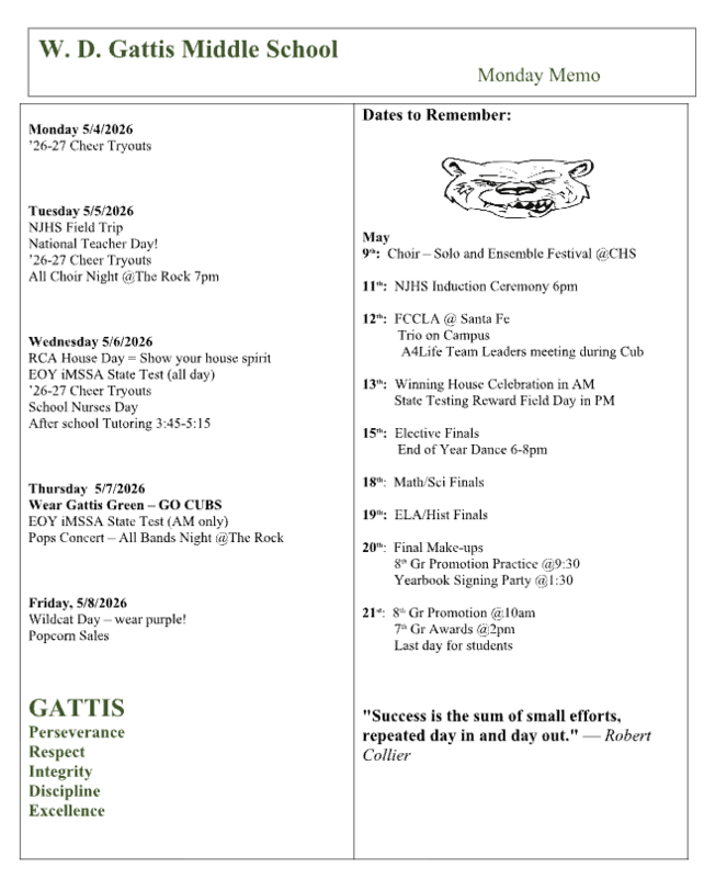 Screenshot of weekly events happening at Gattis