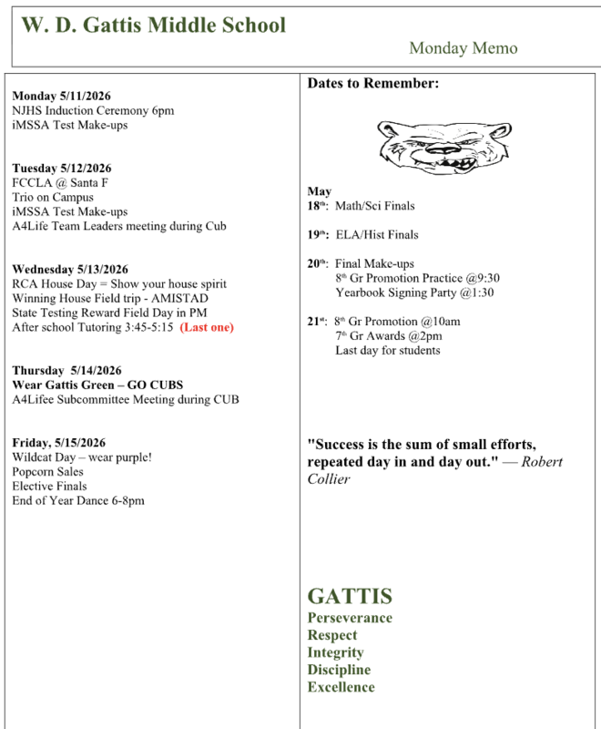 Screenshot of weekly events happening at Gattis