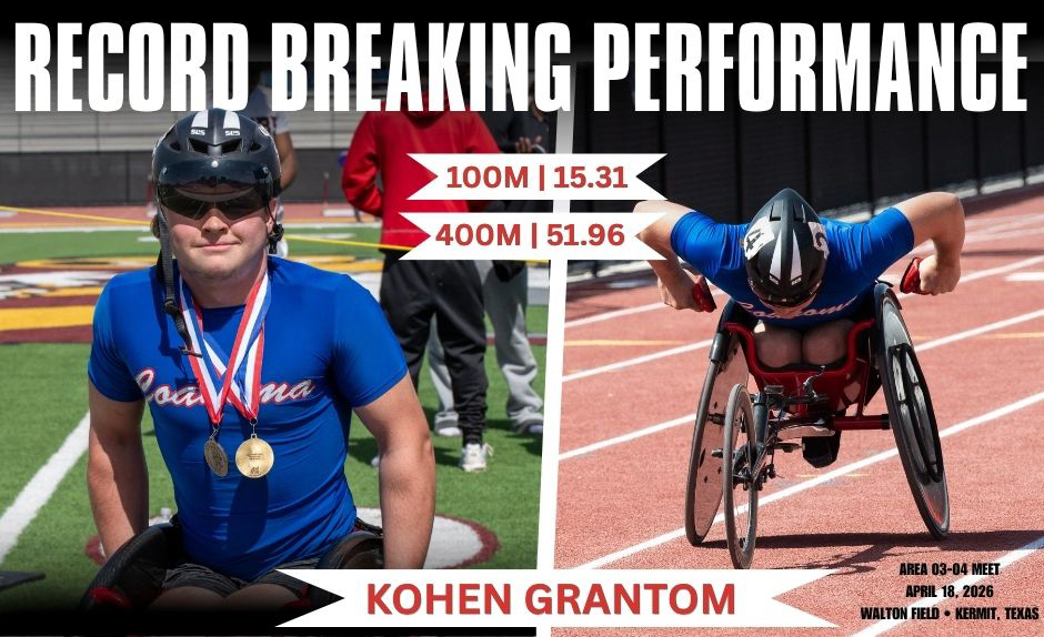 Colage of two photos of a wheelchair race during a race and at the medal stand