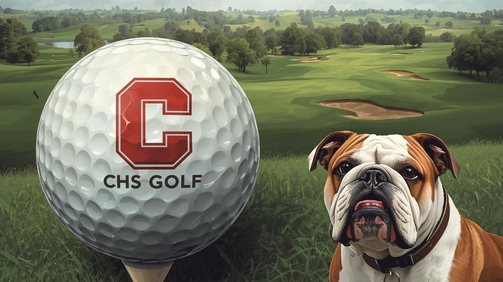 Bulldog standing by a giant golf ball with the letter C and CHS golf on it