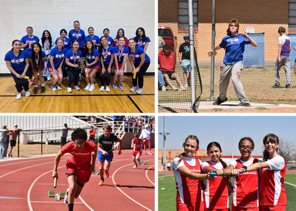 Photos of junior high track students competing . Also, students posing for photos