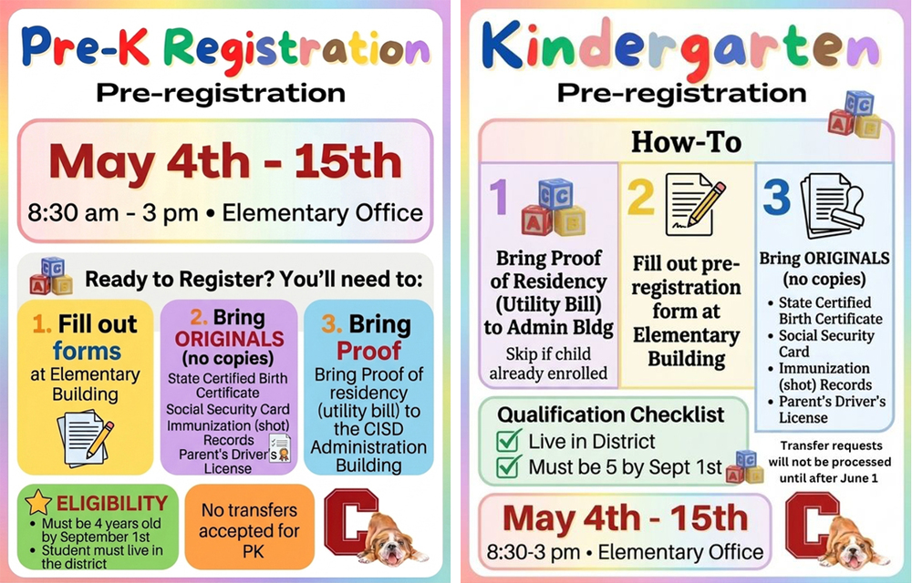 Graphics that gives information on how to pre-register a student for pre-k and kindergarten