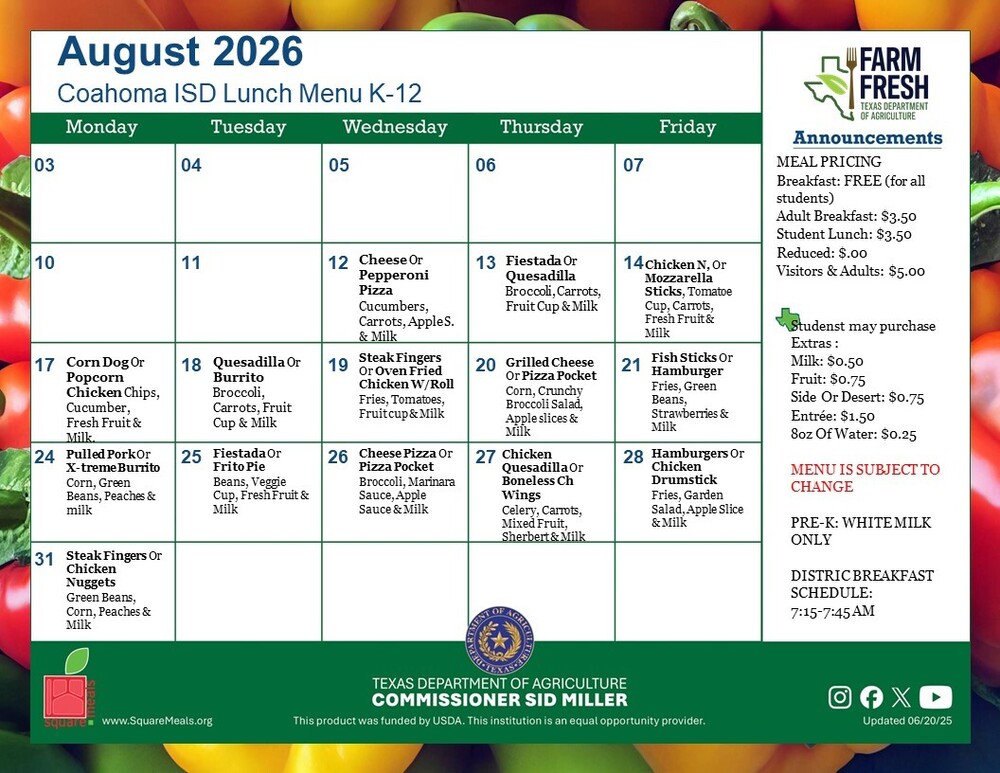 August Lunch Menu