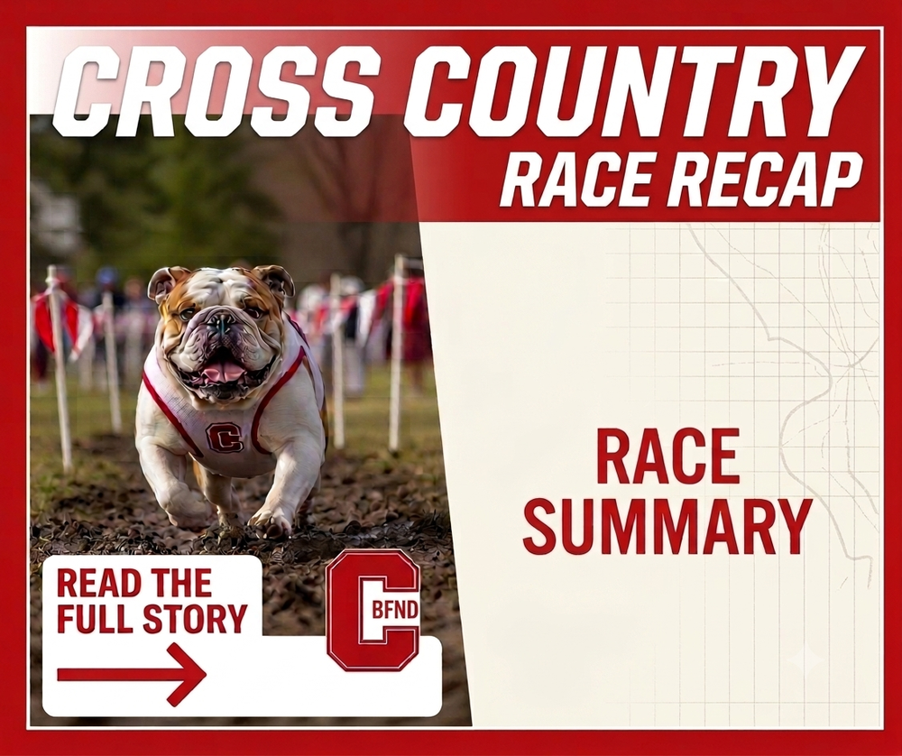 Bulldog running in a cross country race with graphic says race summery