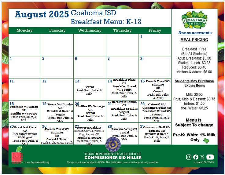 August Breakfast Menu
