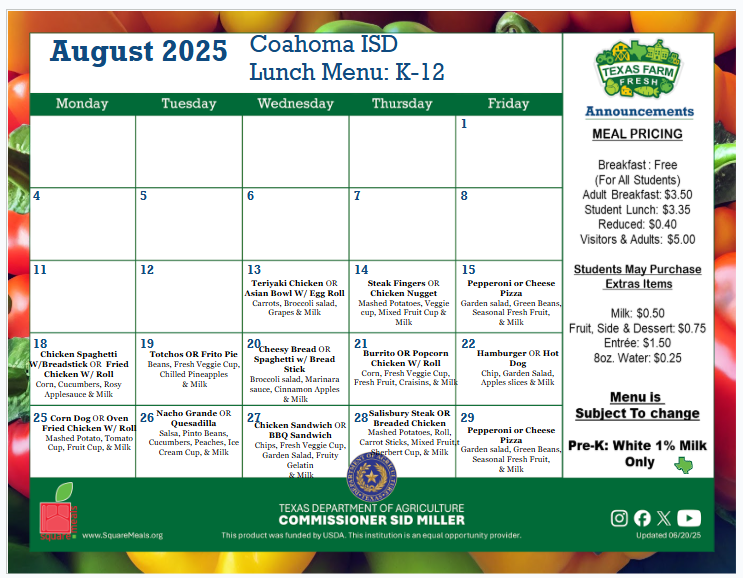 August Lunch Menu