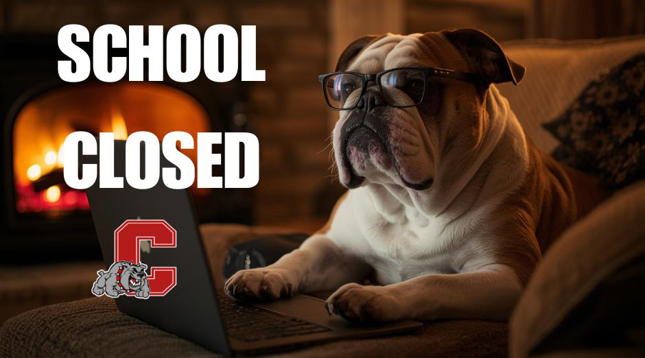 school-closed-bulldog-logo-bulldog wearing glasses typing on a laptop