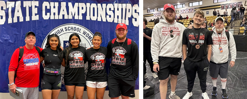 students at powerlifting meet posing with coaches