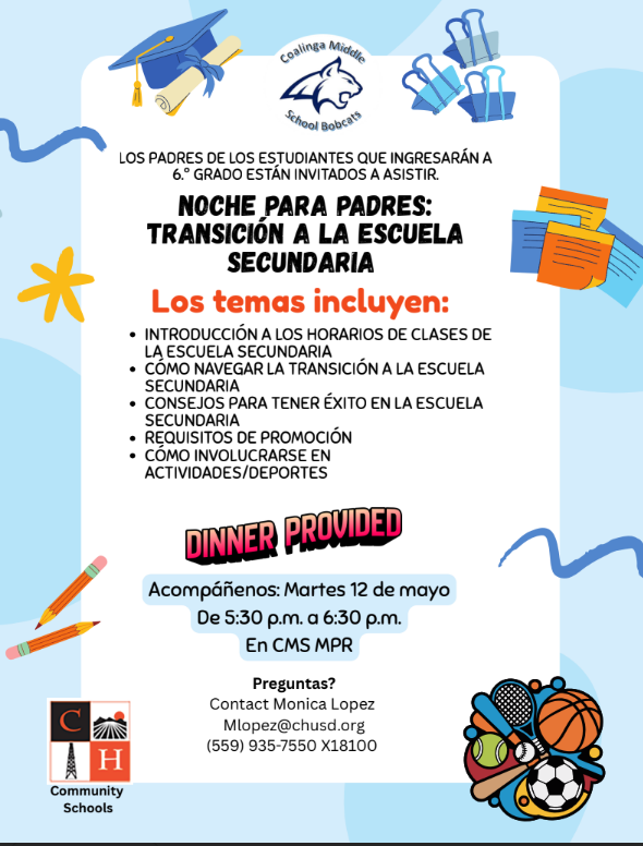 CMS Transition to Middle School Parent Night flyer in Spanish