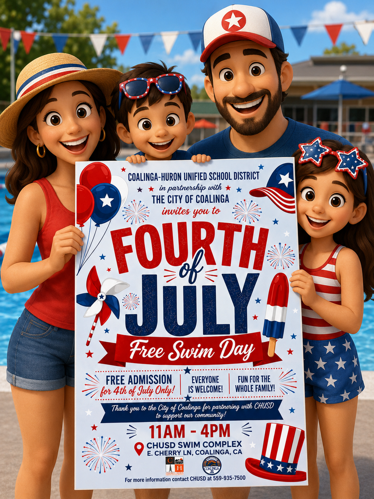 Family holding the Forth of July Free Swim Day flyer