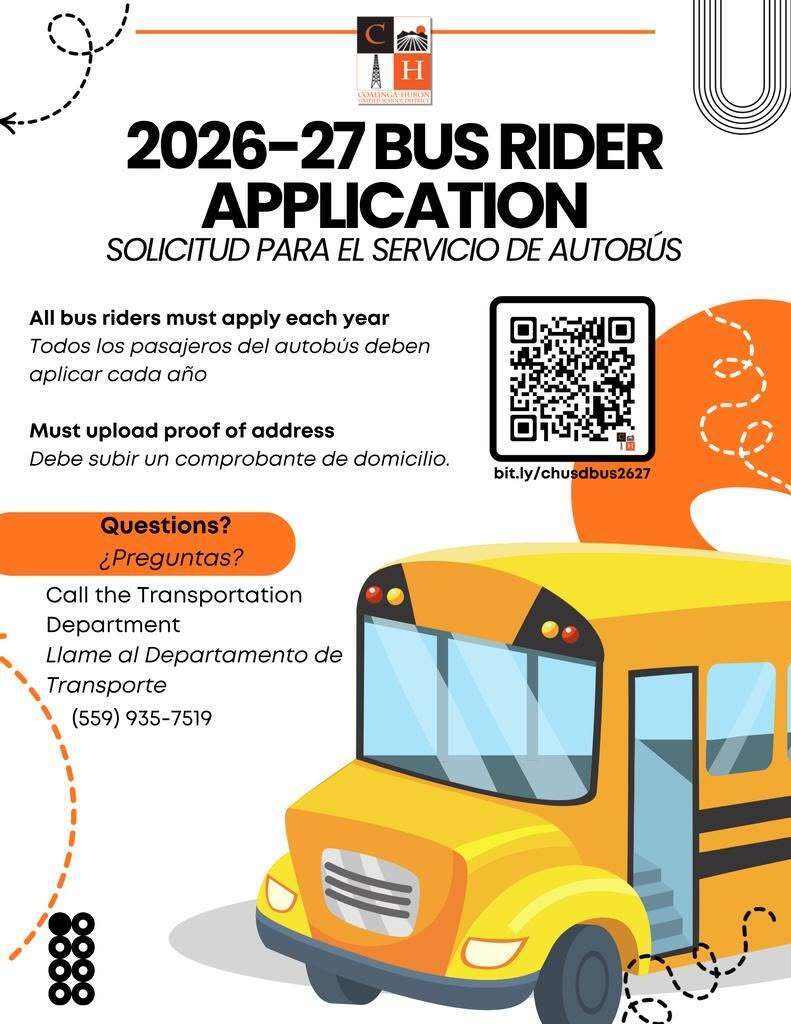 2026-27 Bus Rider Application flyer bit.ly/chusdbus2627