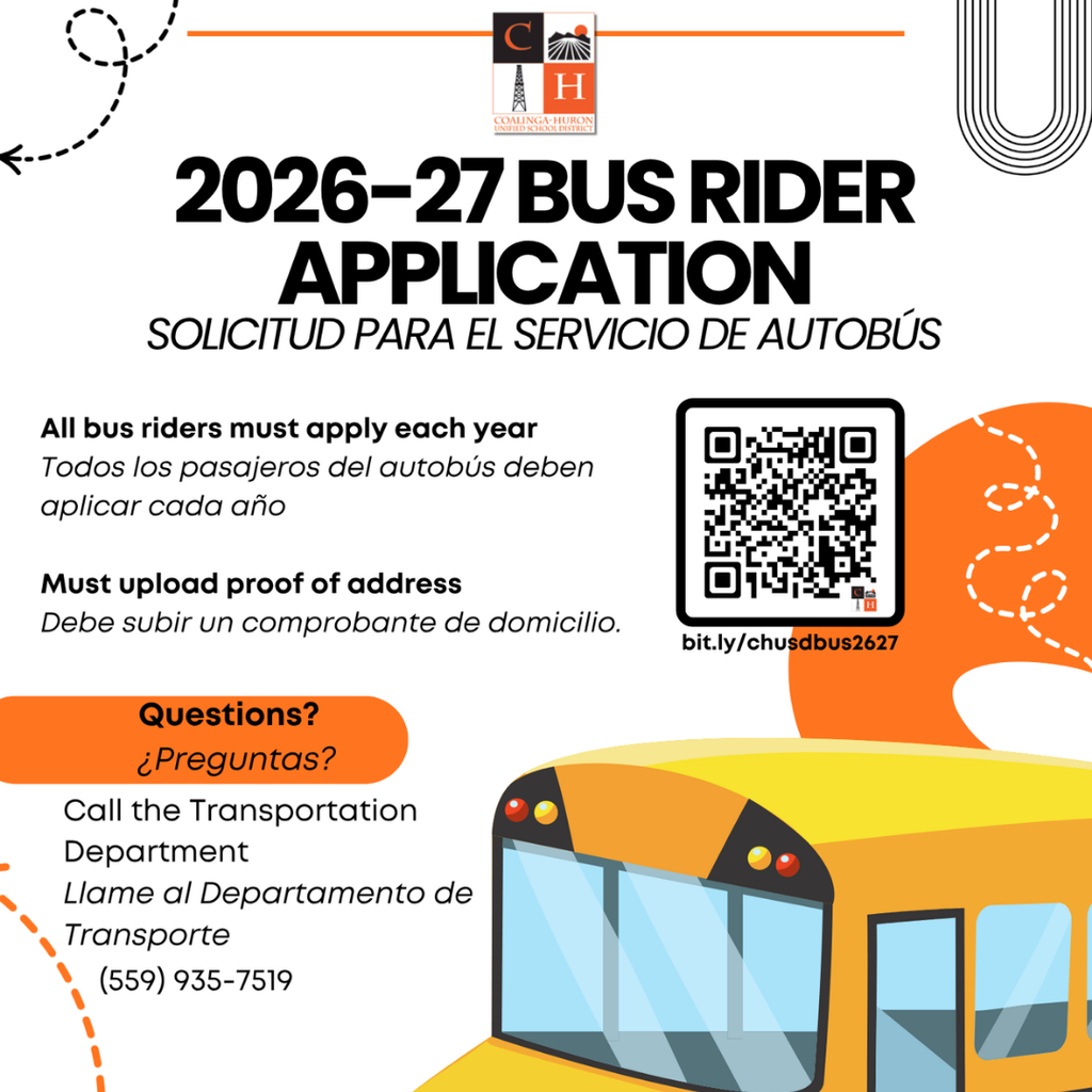 2026-27 Bus Rider Application flyer bit.ly/chusdbus2627