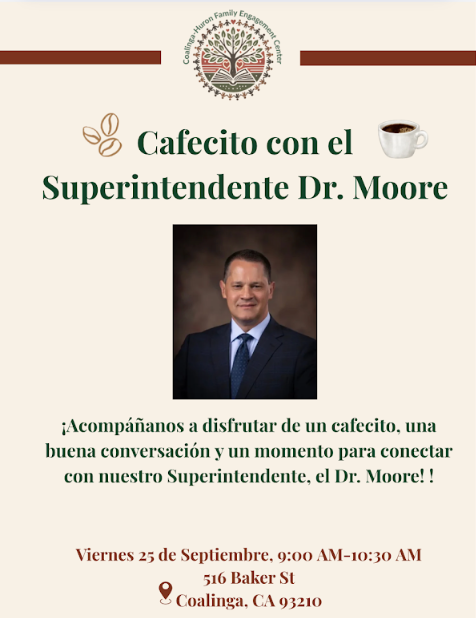 Cafecito with Superintendent Dr. Moore flyer in Spanish