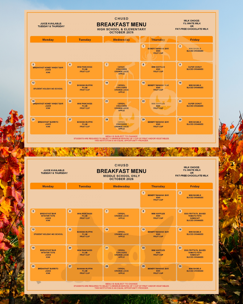 October 2026 breakfast menus