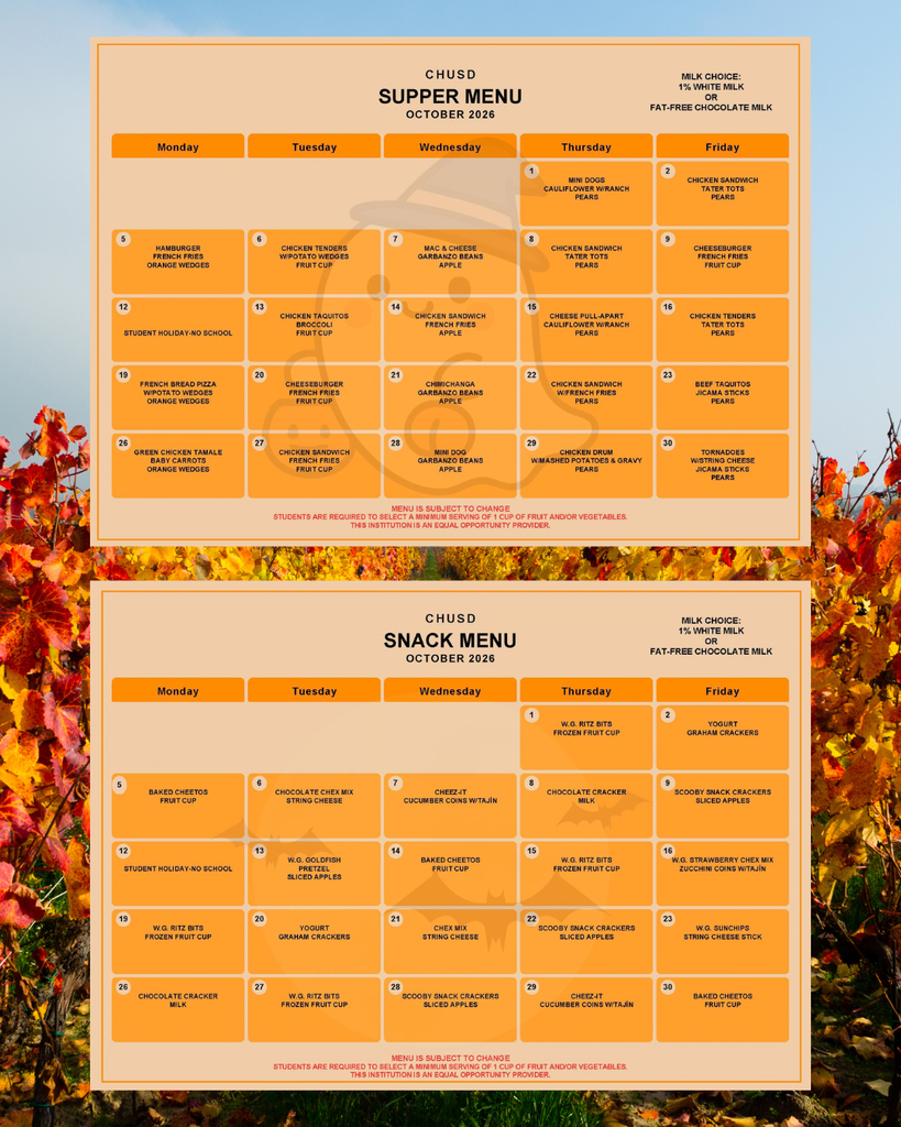 October 2026 supper and snack menus