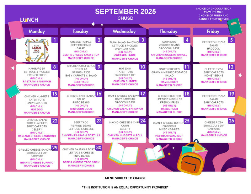 Sept 2025 Lunch Menu
