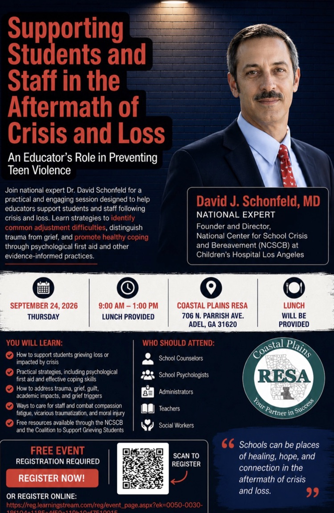 Join Dr. David Schonfeld, founder and director of the National Center for School Crisis and Bereavement located in Los Angeles, California as he provides expert training in effective coping strategies in the aftermath of a crisis