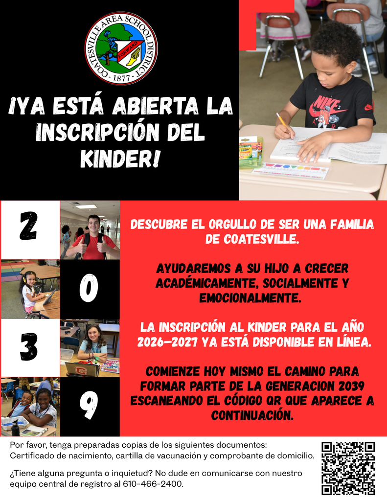 Kindergarten Registration is now open for 2026-27. (Spanish)