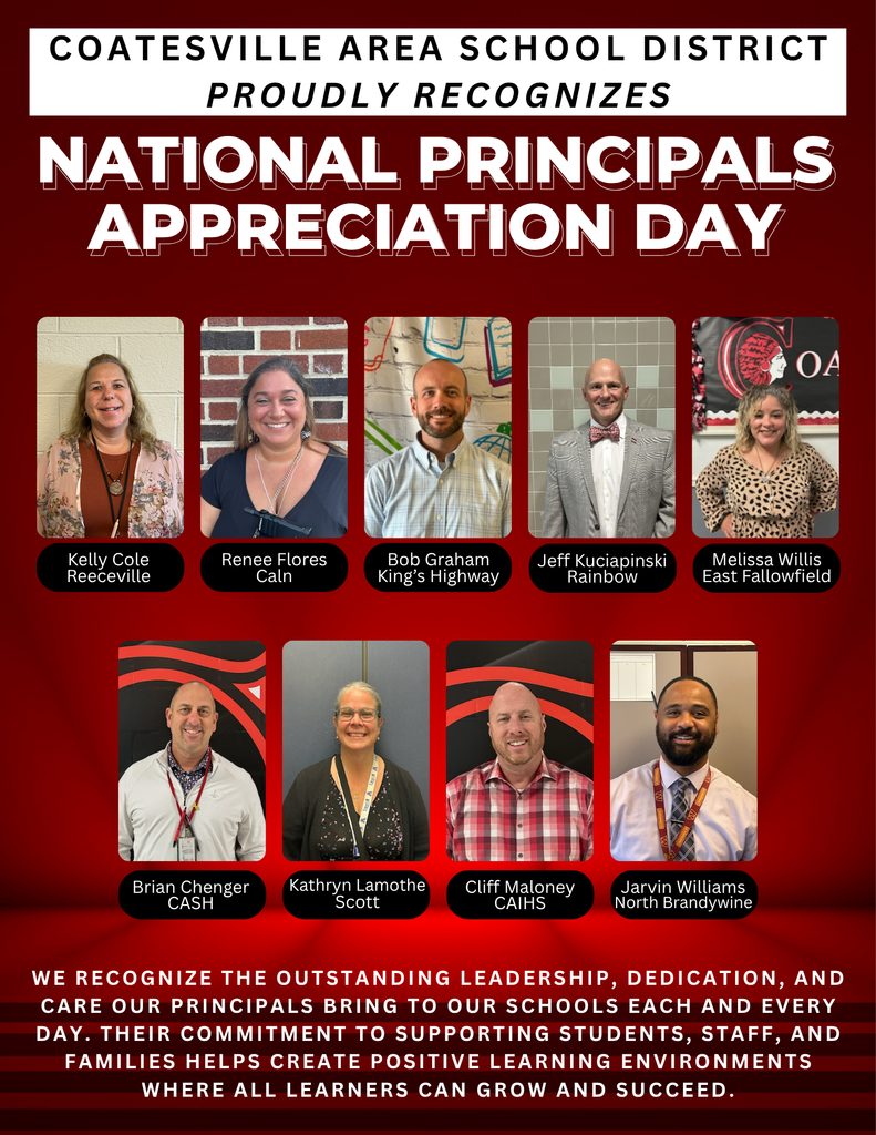 Coatesville Area School District proundly recognizes National Principals Appreciation Day flyer featuring pictures of all of the building principals.