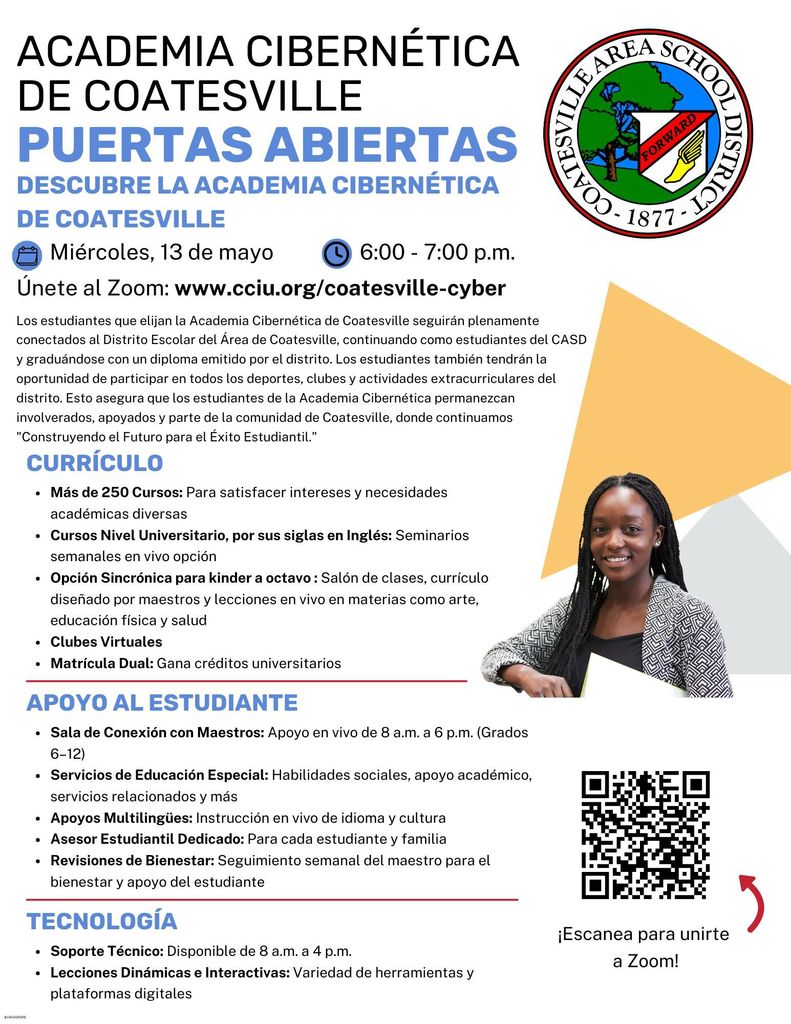 Coatesville Cyber Academy flyer for the 2026-2027 school year (Spanish)