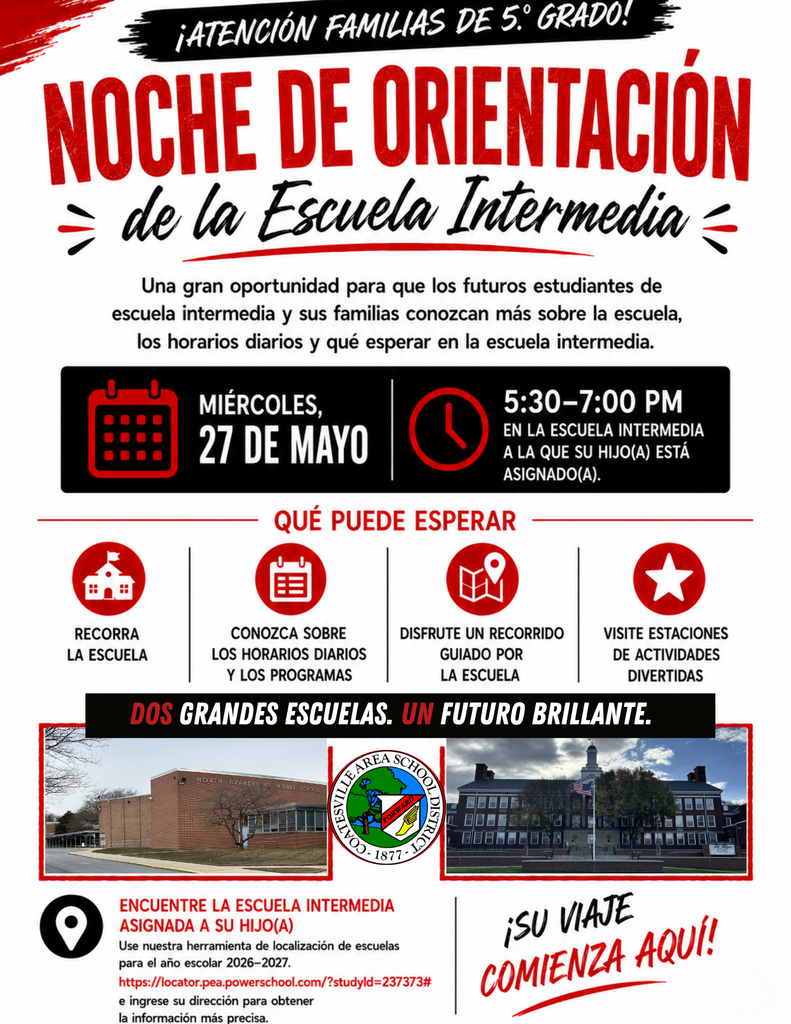 Middle School Orientation Night 2026 flyer (Spanish)