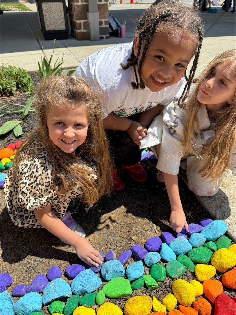 Rainbow students placing rocks in front of the school #3.