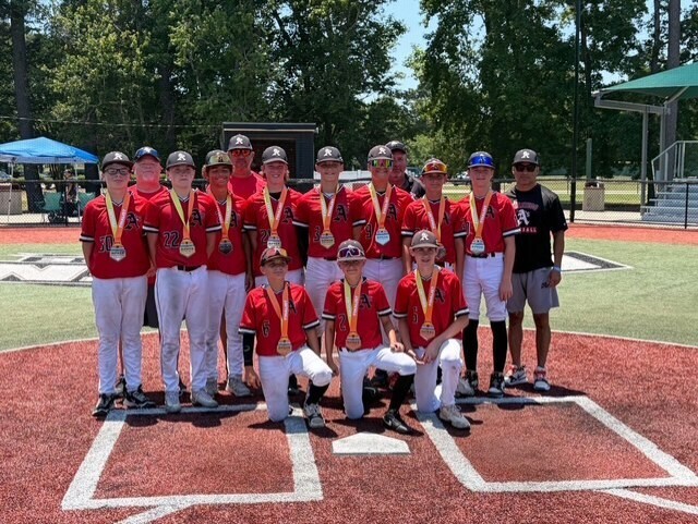Picture of Caln A's 14U baseball team in the summer of 2026 wearing their "runner up" medals at their tournament in Myrtle Beach, South Carolina.