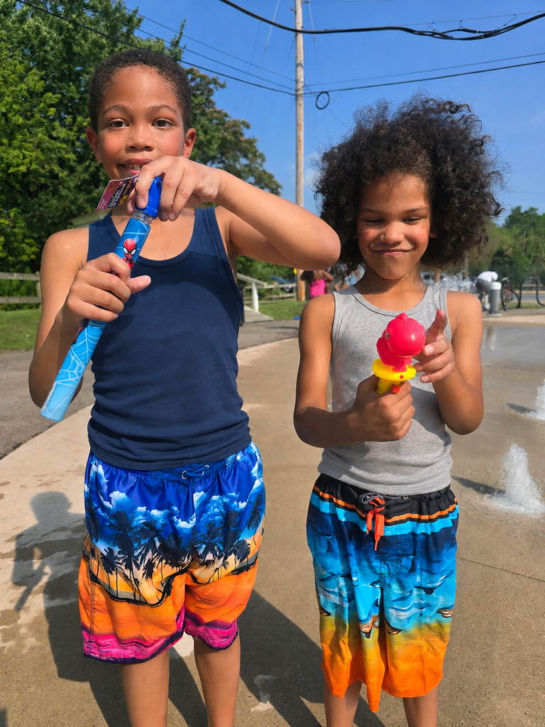 Summer Snapshots 2026 -- Greyson and Sir blowing bubbles at the splash pad.