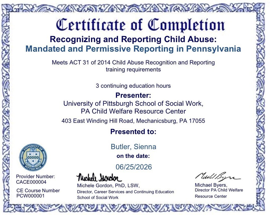 Summer Snapshots 2026 -- Sienna Butler Mandated Reporter certificate