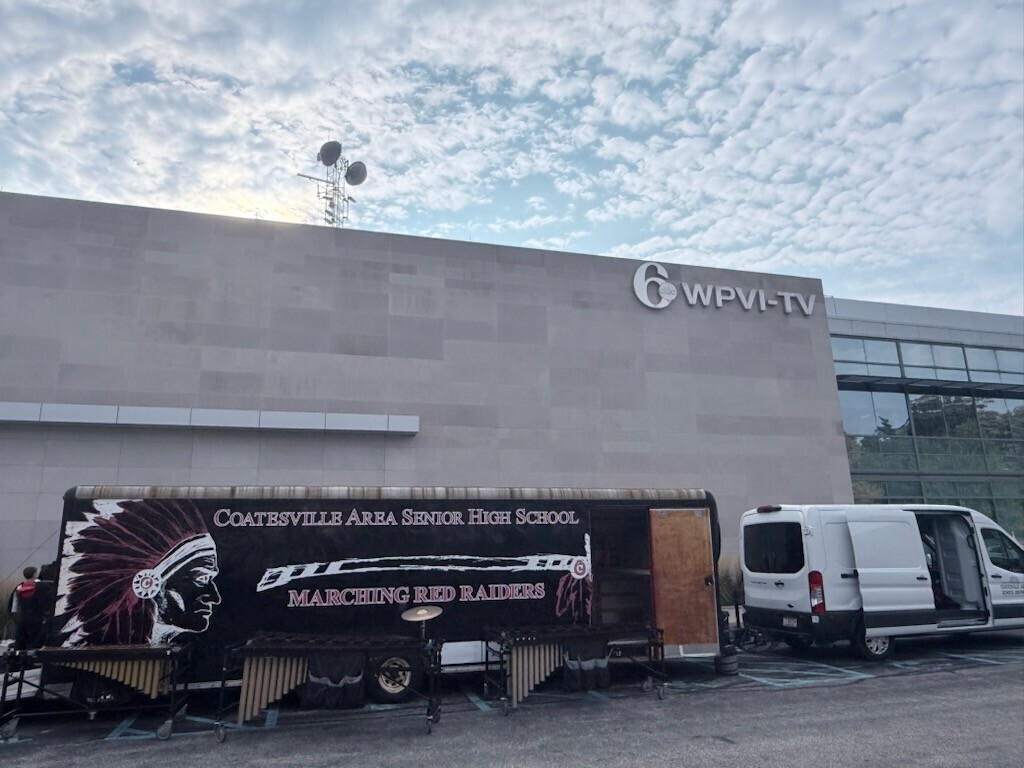 Red Raider Marching Band trailer in front of the 6ABC studio