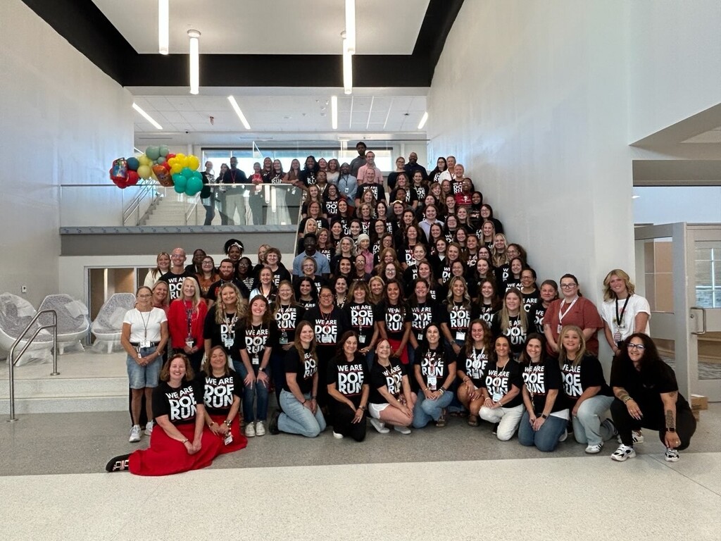 Doe Run Elementary staff on the main stairwell on the opening morning of the school--2026.