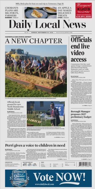 "A New Chapter" story about the groundbreaking for the new North Brandywine Middle School featured on the front page of The Daily Local on Sunday, September 20, 2026.