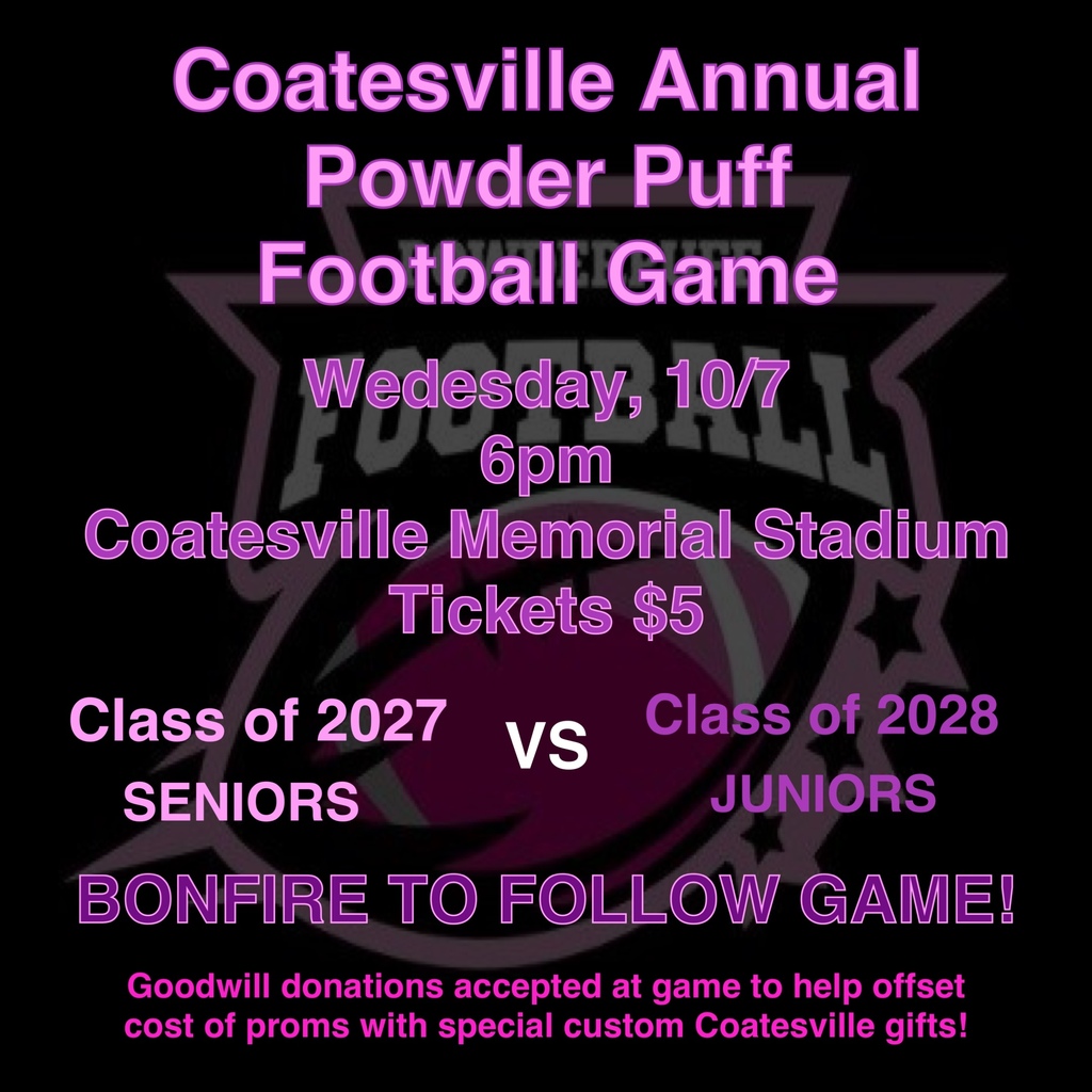Coatesville Annual Powder Puff Football Game announcement for game on Wednesday, October 7, 2026