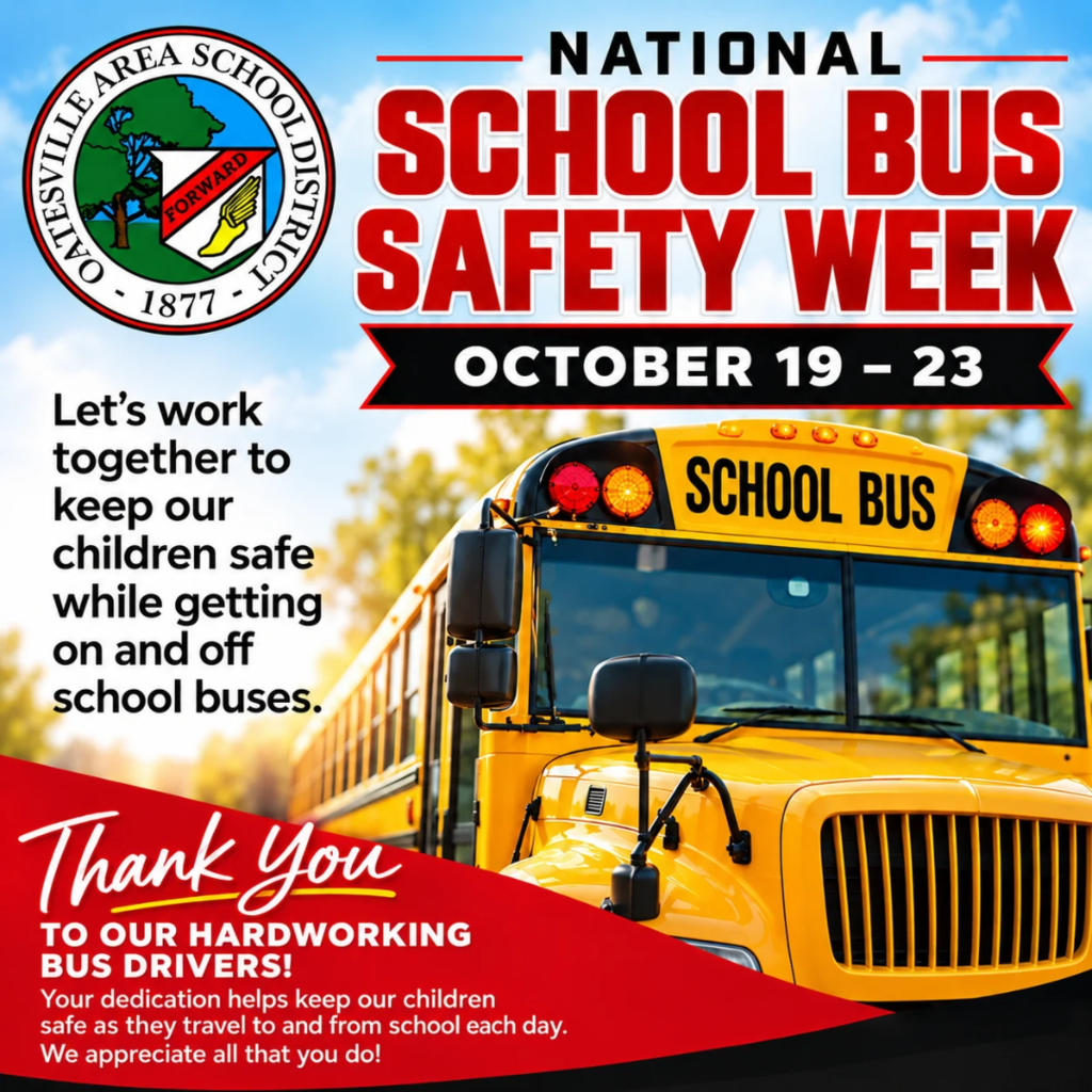 National School Bus Safety Week, October 19-23, 2026, social media post graphic.