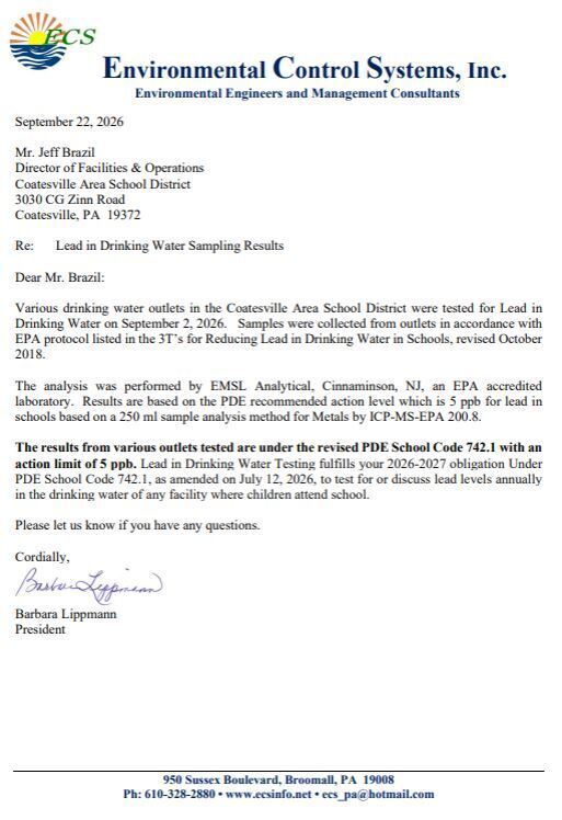 Environmental Control Systems, Inc., water testing letter to CASD.