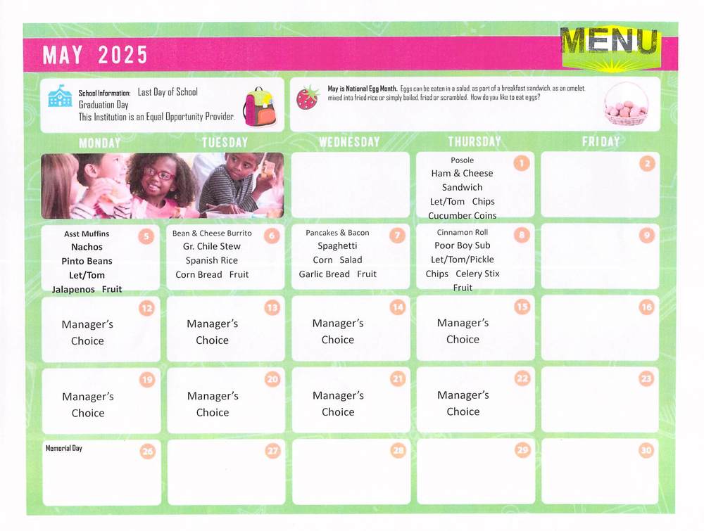 May Cafeteria Menu
