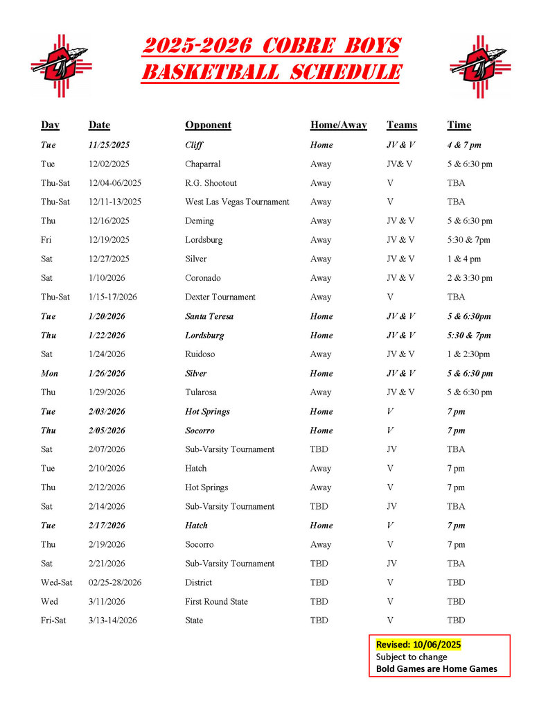 25-26 Boys Basketball Schedule