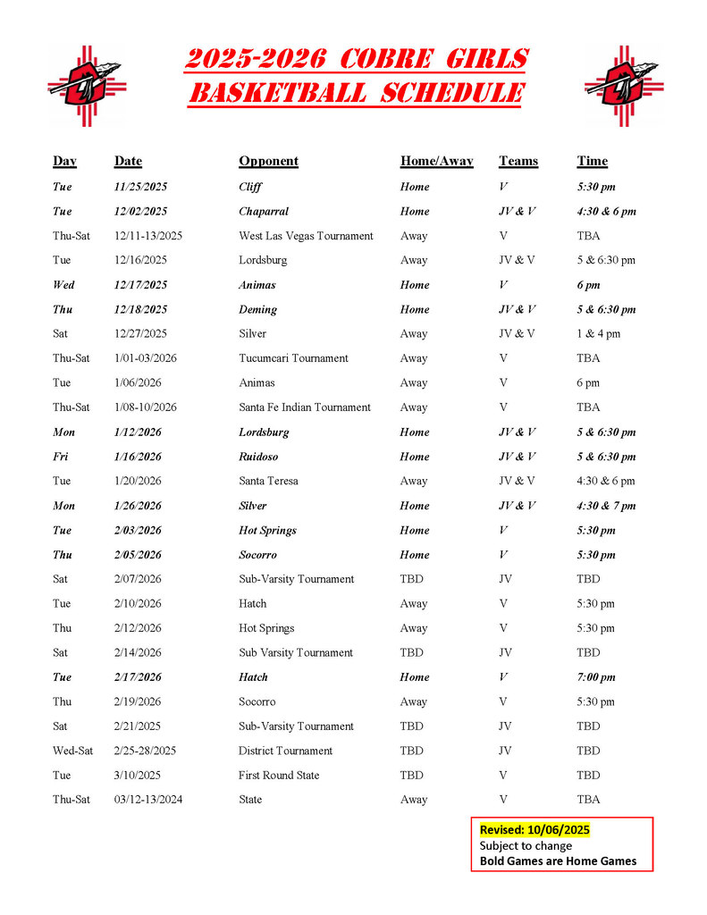 25-26 Girls Basketball Schedule