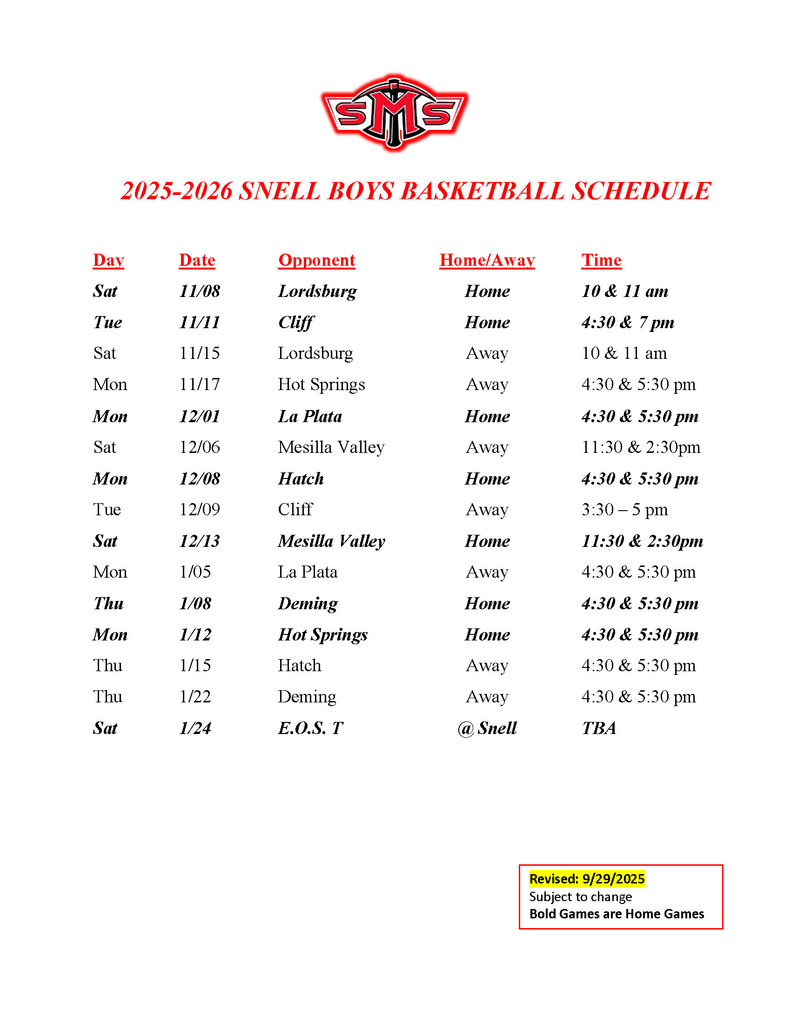 25-26 Snell Boys Basketball Schedule