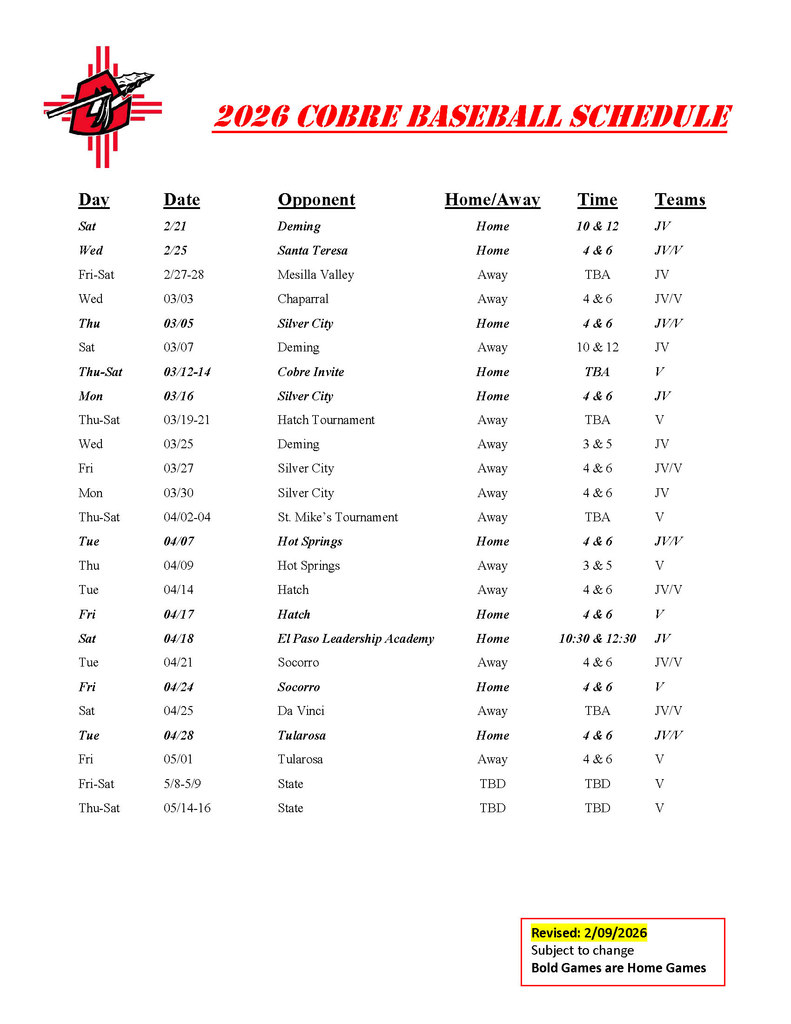 Baseball Schedule Update 2/9/26